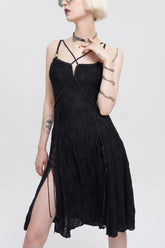 Robe Femme à Bretelles Noires Punk à Fente Ourlet en Tissu Extensible à Vagues